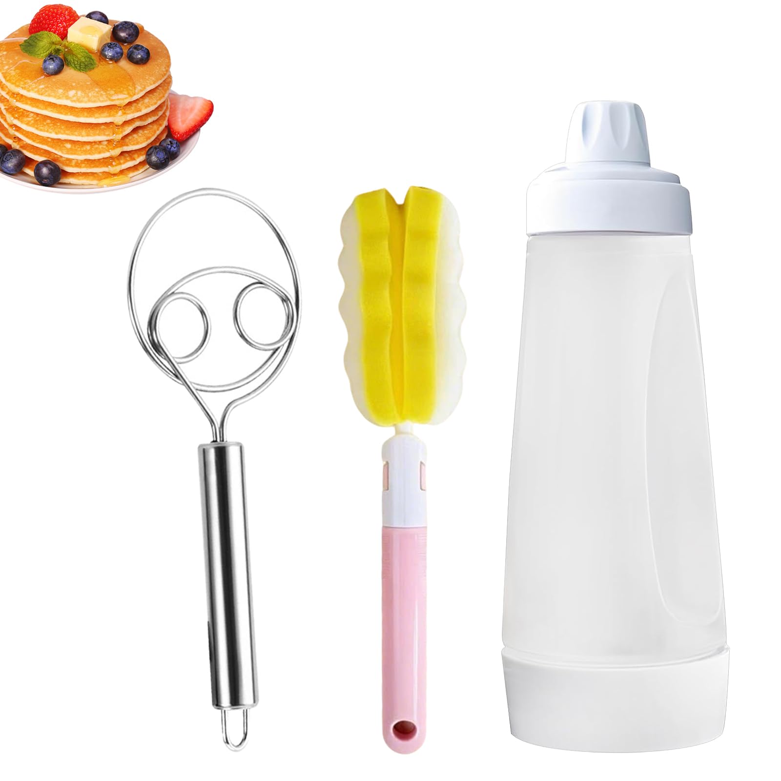 Pancake Batter Dispenser, 1000ml Squeeze Bottle with Cleaning Brush and Wire Whisk Batter Mixer Bottle Pancake Dispenser for Cupcake Waffles Muffins (28cm x 10cm x 10cm)
