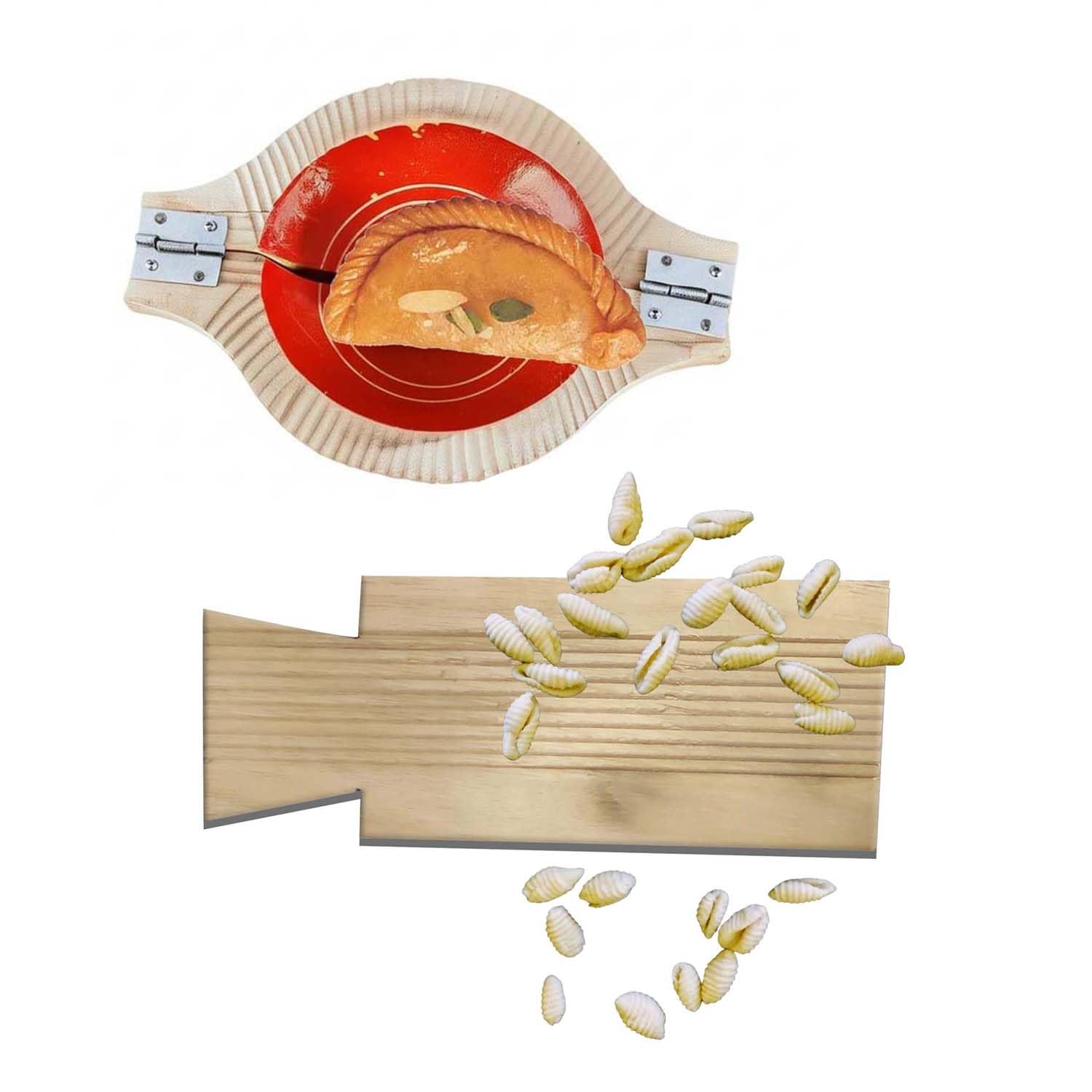 Ervio Wooden Gavvalu Maker Board & Gujiya Mould Combo – Handcrafted Peeta Chekka for Sweet Shells, Pasta, Karanji, Kajjikayalu – Traditional Dough Press & Shaper Tool for Indian Cooking & Baking