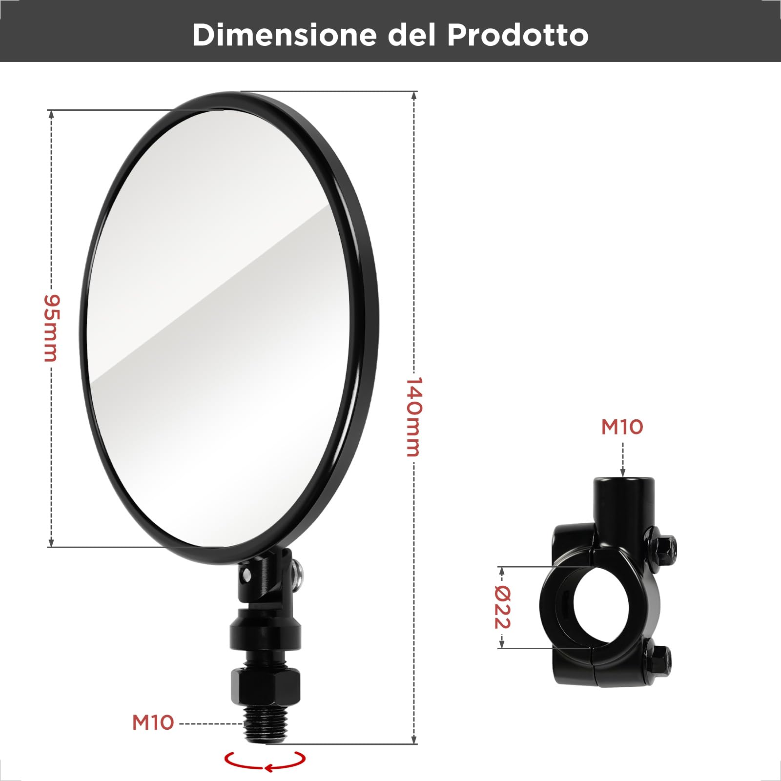 Evermotor CNC Specchietto Moto, Specchietti Moto Mmologati E24, Rotondo per Scooter, ATV, Ciclomotori, Quad, Moped (1)