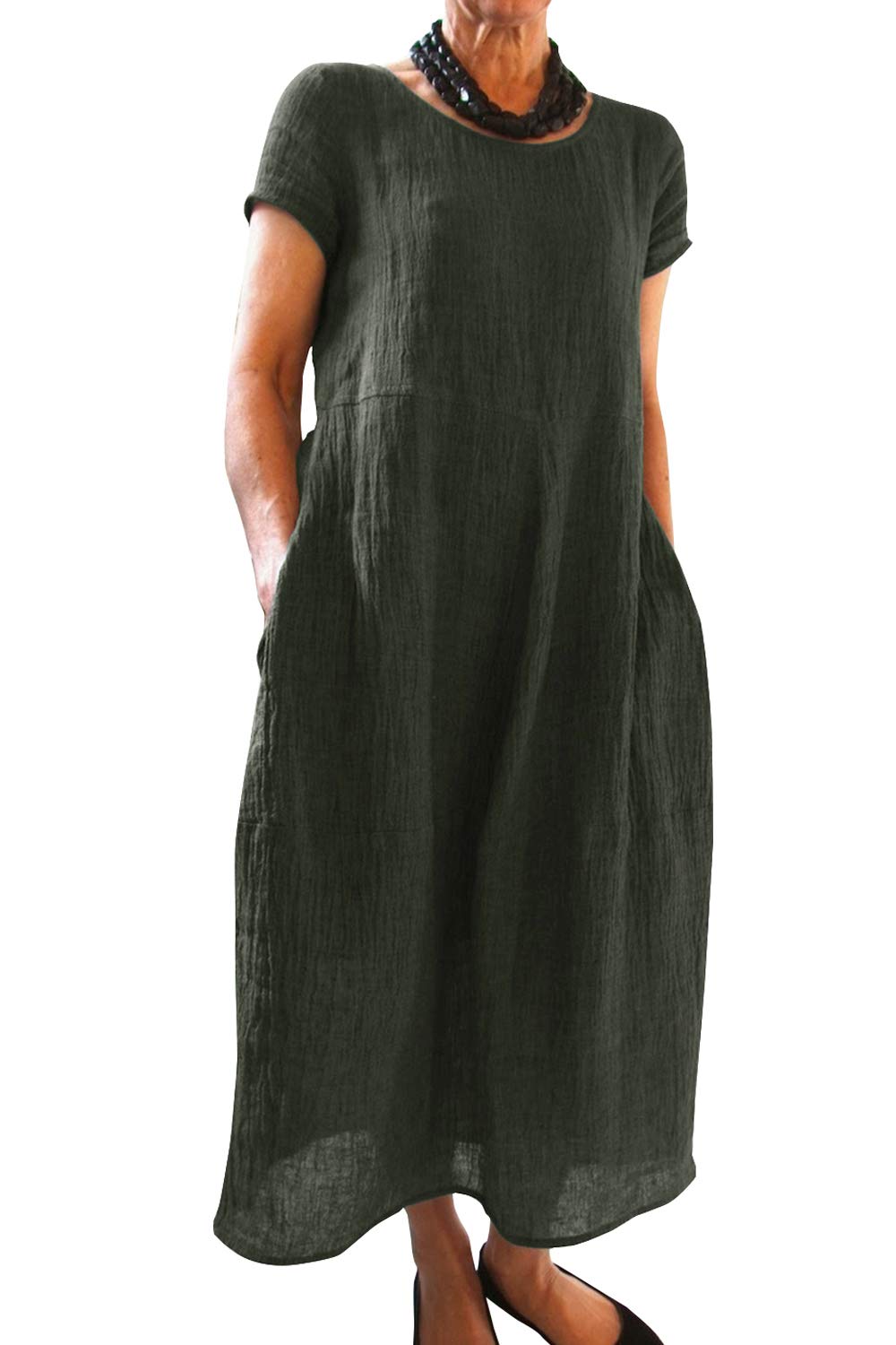 Imuedaen Vestido de verano para mujer, vestido de lino, informal, cuello redondo, manga corta, informal, vestido de playa, vestido largo con bolsillos