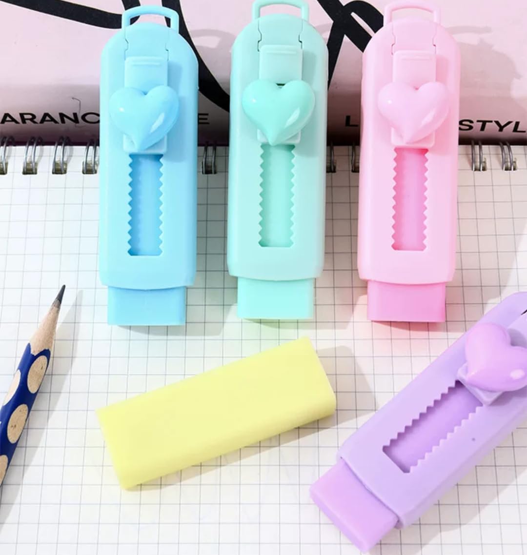 5Pcs Multicolor Sliding Retractable Pencil Eraser with Plastic Sleeve,Large Erasers for School Office,Art Erasers for Drawing,Standard Pencil Erasers,Office Products,Correction Products