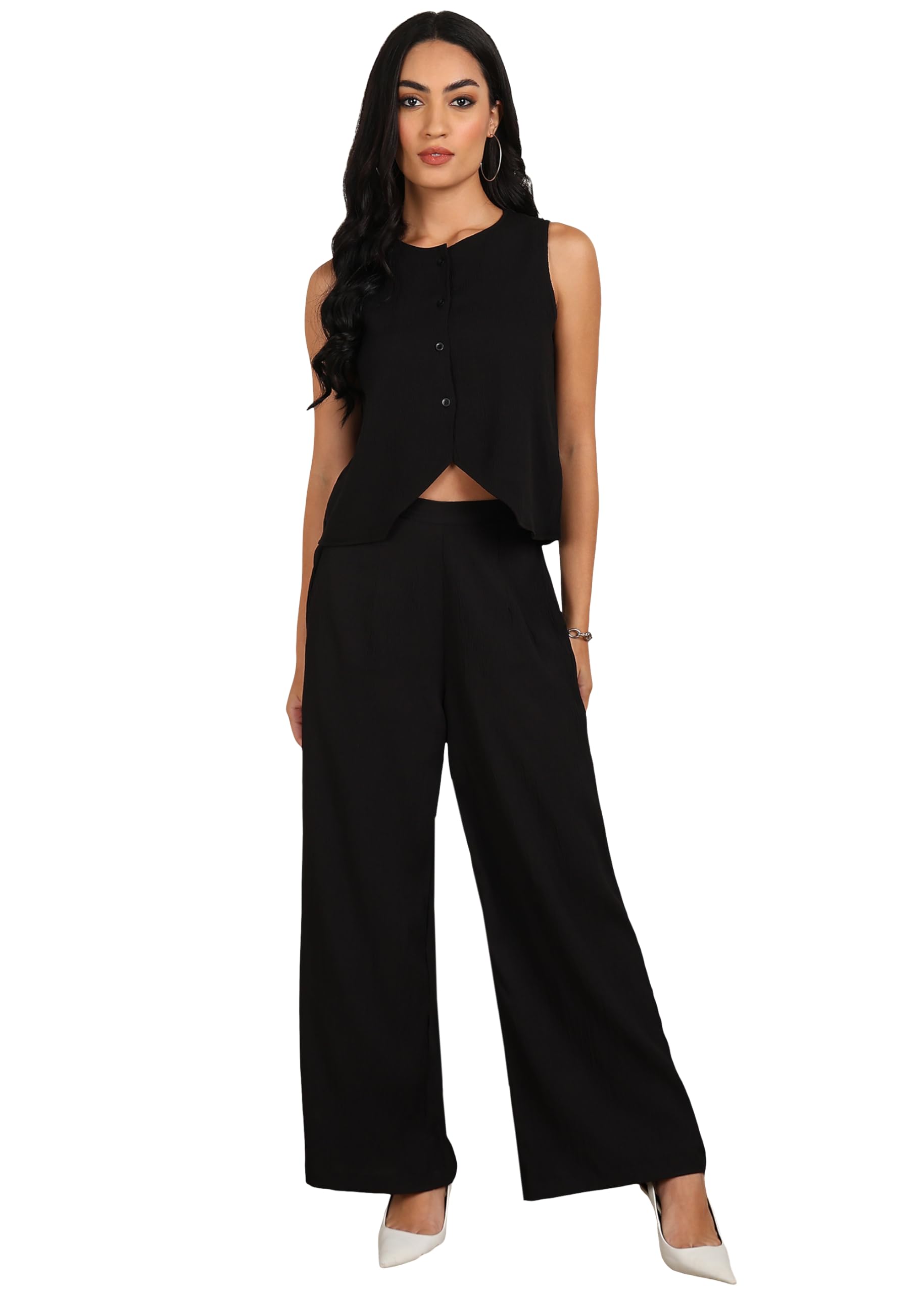 Women's Solid Texture Waistcoat Co-ord Set