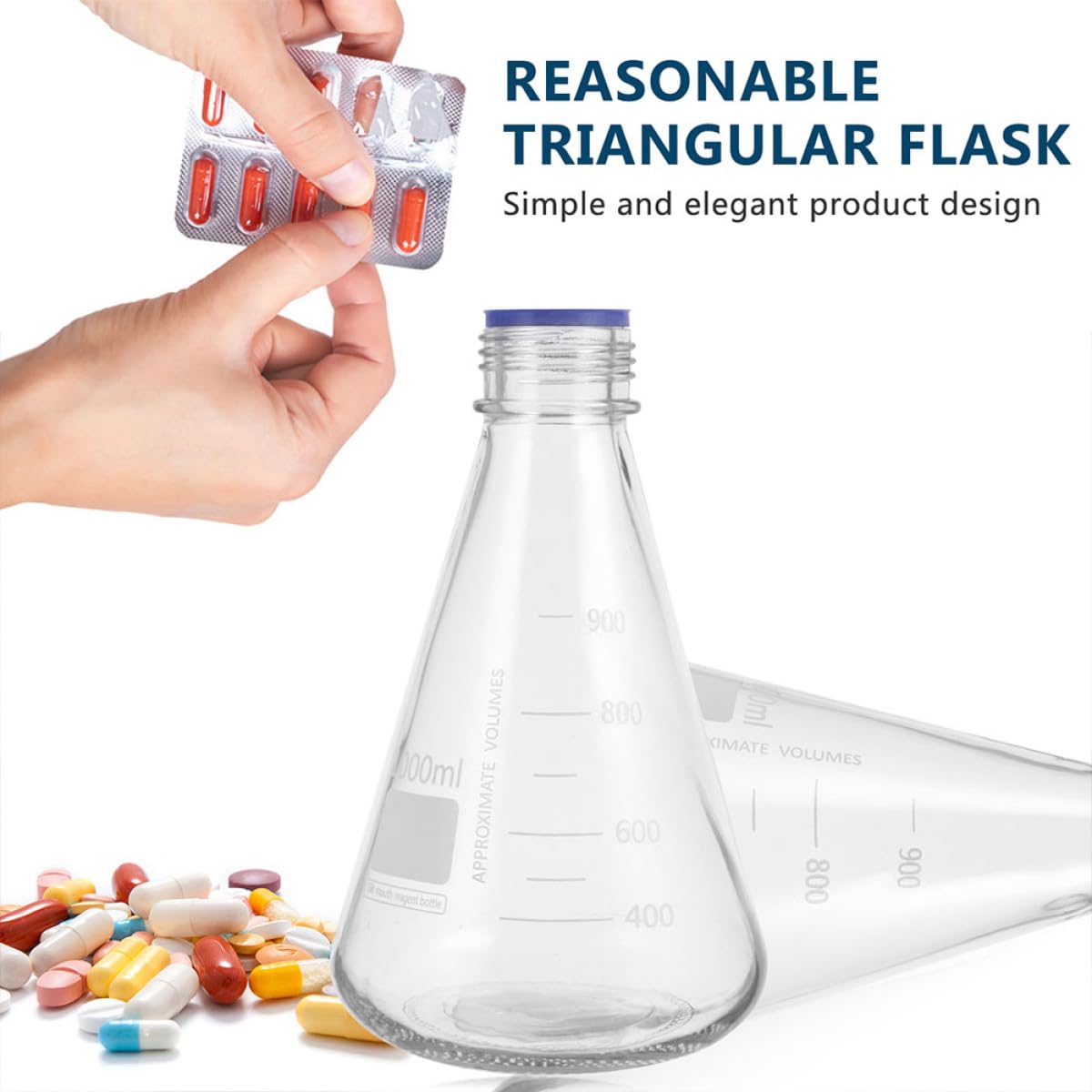 BETOOKY 2 Bottiglie Beuta Conica da Laboratorio 1000ml in Vetro Tappo Blu e Scala Graduata, Fiasche per Esperimenti Chimici per Uso Professionale e Scolastico, Strumenti Scientifici
