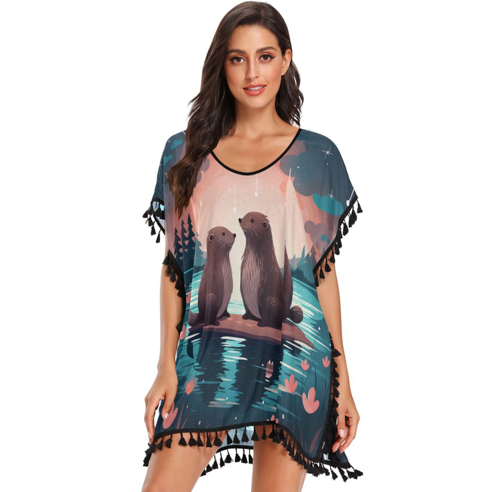 KAAVIYO Children Cartoon Beaver Women's Beach Cover Up Chiffon Tassel Swimwear Swimsuit Coverups for Girl