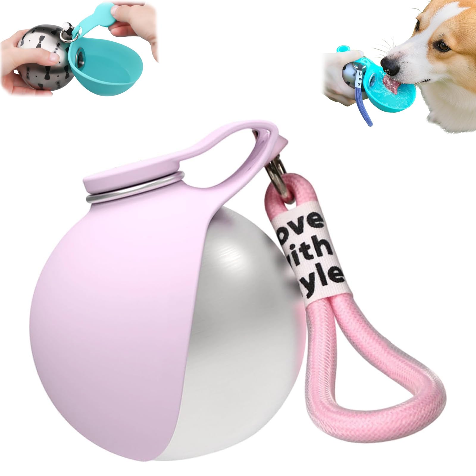 2-In-1 Portable Dog Water Bottle And Bowl, Outdoor Travel Drinking Bowl for Small Dogs, Leak Proof, Compact, Stainless Steel Bottle With Silicone Bowl for Walking, Hiking, 285 ml (Pink)