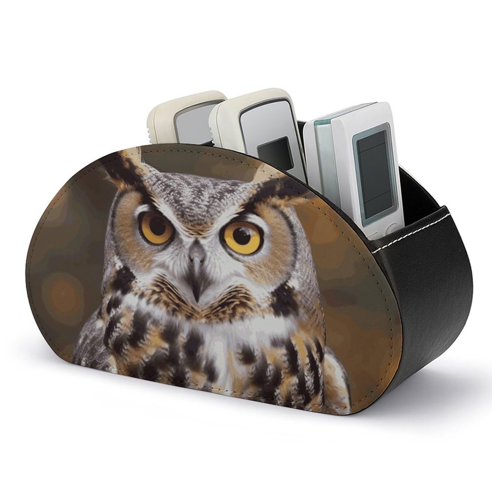 JTREHY Owl Birds Remote Control Holder with 5 Compartments Pu Leather Remote Caddy Box Multi-functional Deskt Holders Organizer Box Tray Bedside Table Storage Organizer