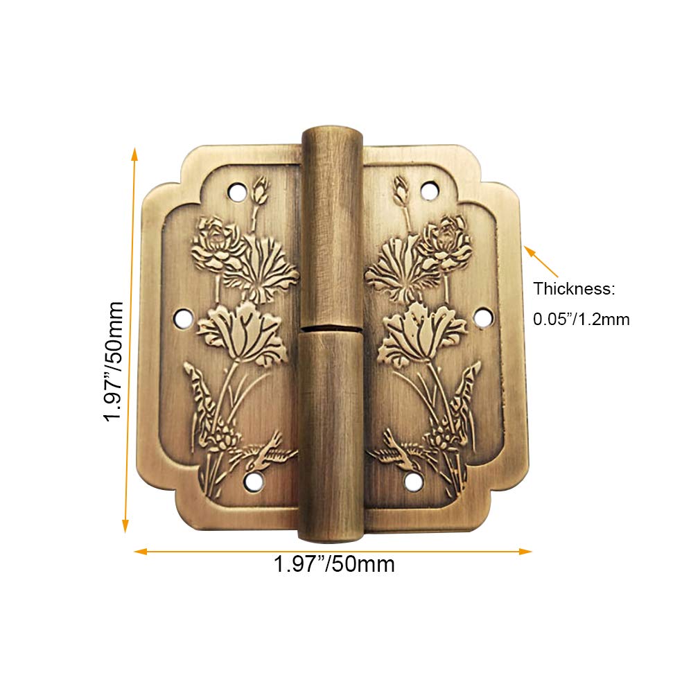 Tiazza 4Pcs Antique Pure Brass Hinges Furniture Cabinet Drawer Double Door Removable Hinges, Antique Bronze, 50x50mm - Image 3