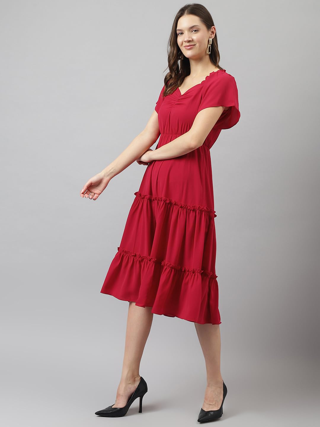 Toochki Women's Red Rayon Solid Fit & Flared Regular Fit Western Midi Length Kurti A Line Style Summer Wear Kurtis Trendy Colour Midi Type Kurtas