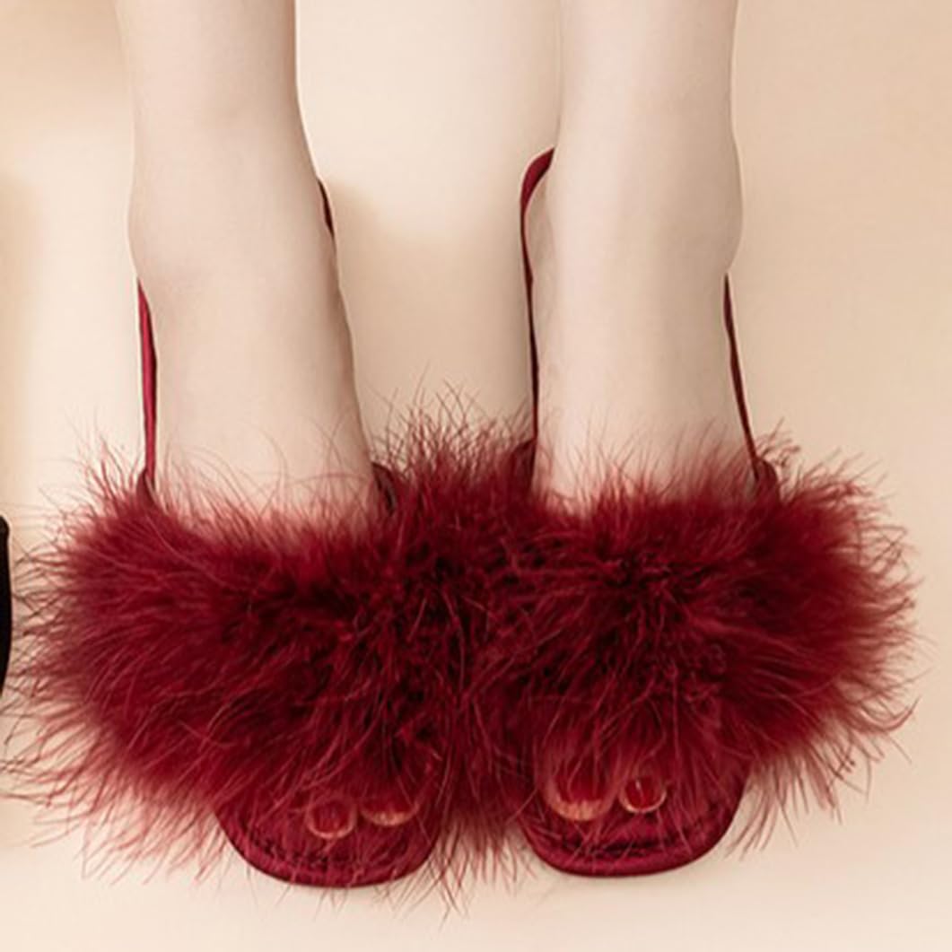 Donna Piuma Soffice Peluche Pantofole in Raso Interno Esterno Punta Aperta Sandali in Morbido Cotone Antiscivolo Scarpe da Casa per Camera(38/39 EU, Red-Women)