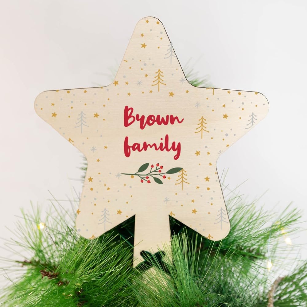 Wanapix | Estrella Arbol Navidad Personalizada con Nombre | Madera | Estrella de Punta (Topper) | Adornos y Decoración Navideña | 17x25 cm | Rama Navidad