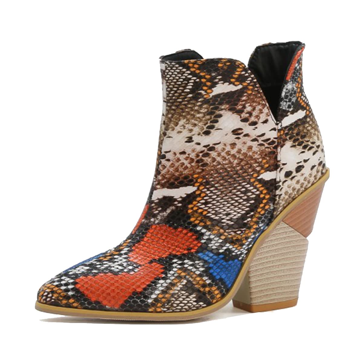 CoceMoce Western Cowgirl Booties for Women Stacked High Heel Ankle Boots Pointed Toe Pull-On Cowboy Short Boots Snakeskin