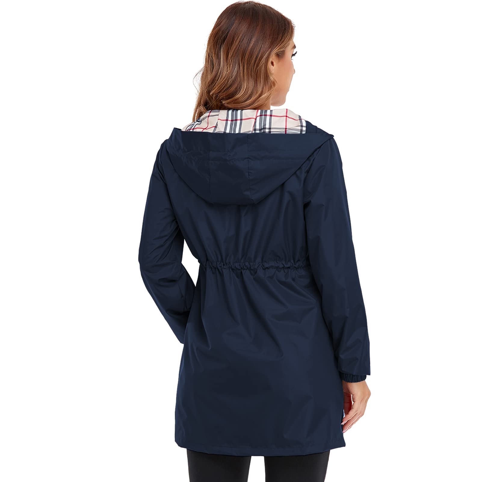 Abrigo de lluvia para mujer, impermeable, con capucha, ligero, chaqueta de lluvia para mujer al aire libre, trinchera, cortavientos largos, Azul / Patchwork, XXL