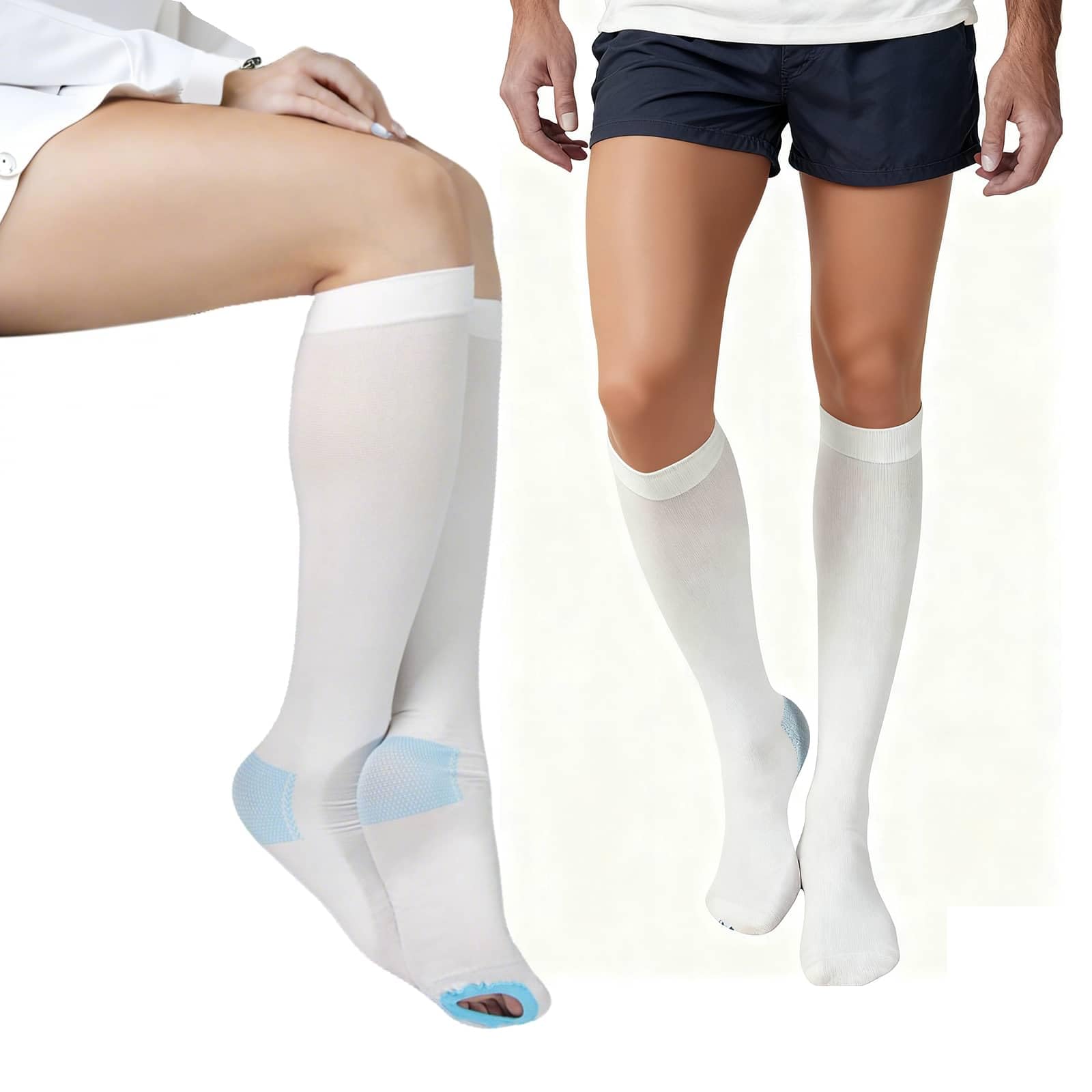 2 Pairs Knee-High Anti-Embolism Stockings for Men & Women – White – 15-20 mmHg TED Hose Compression Stockings with Inspection Holes
