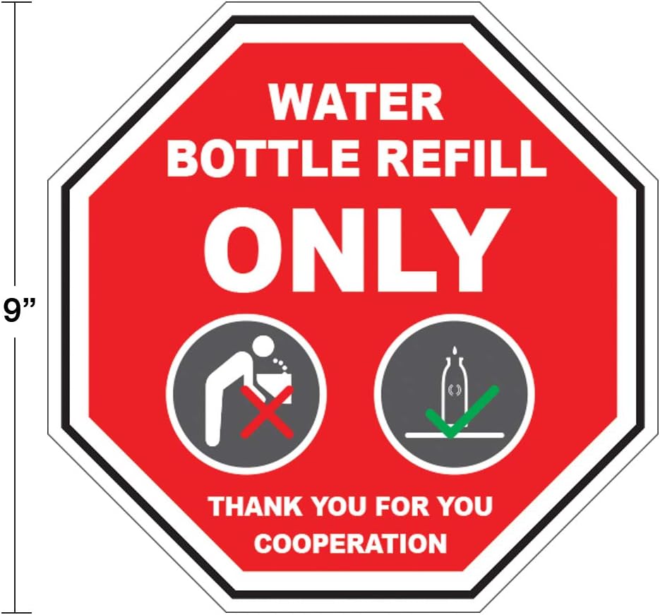 Water Fountain Covid-19 Floor/Wall 9" x 9" Stop Sign Decal Packs - Free Island Visuals Gaiter Logo Mask Included! (Water Bottle Fill Only, 12)