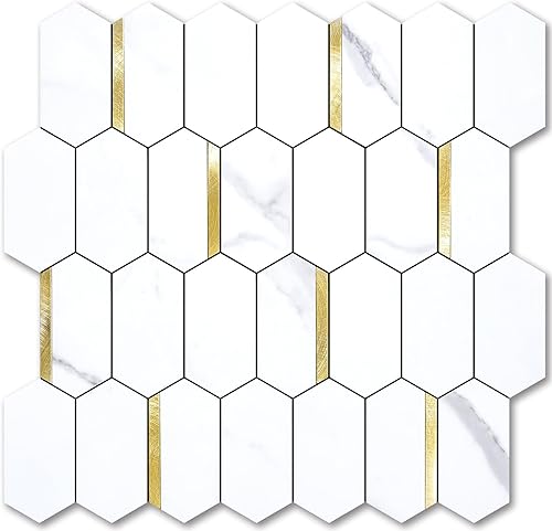Vamos Tile Azulejo hexagonal largo para salpicaduras de pared 10 hojas para pegar en el muro para cocina y baño, 12.4 x 12 pulgadas, aspecto de