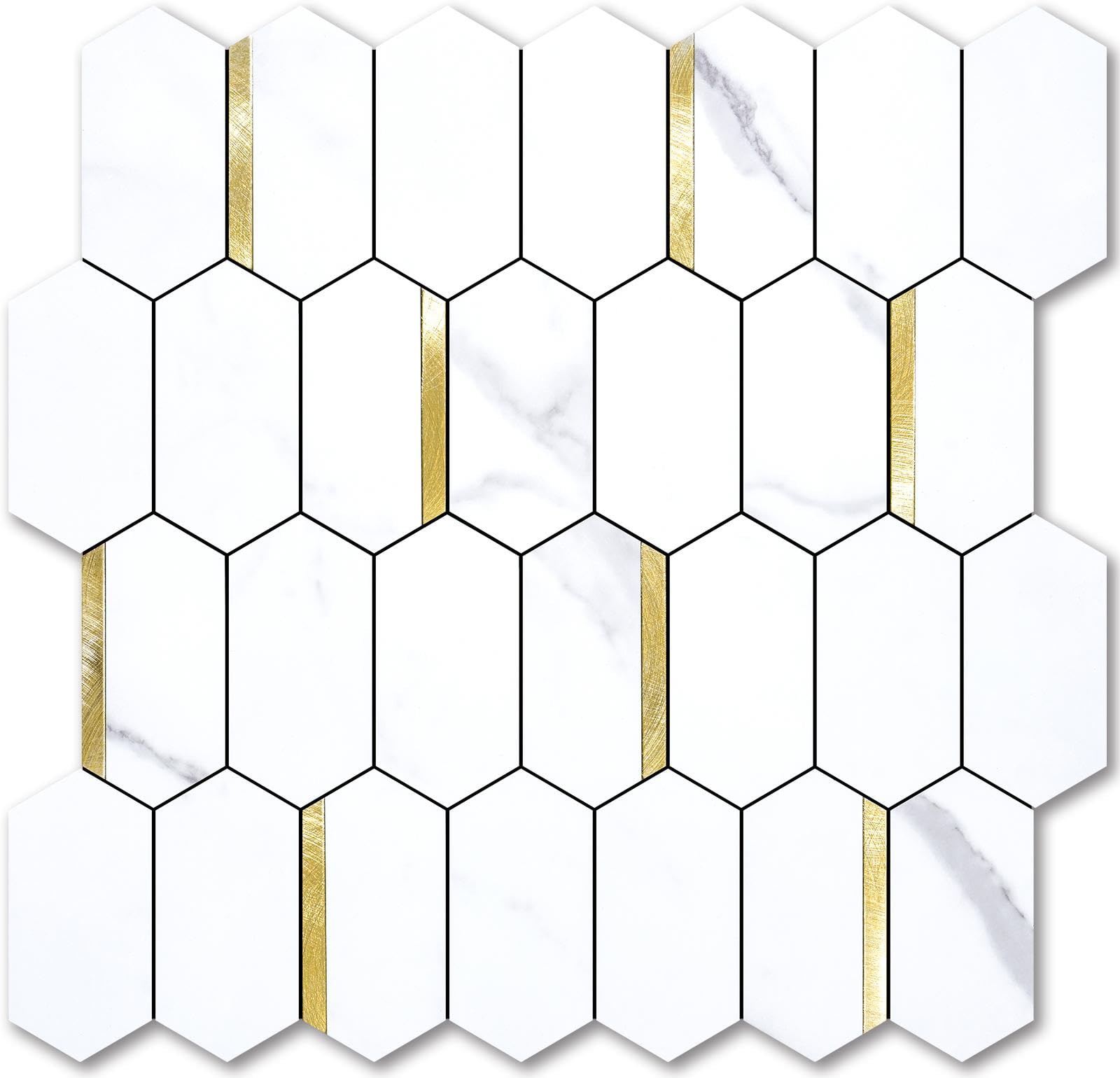 Vamos Tile Long Hexagon Peel and Stick Backsplash Tile - 10 Sheets Stick on Backsplash for Kitchen and Bathroom 12.4 x 12 Inch White Marble Look PVC Mixed Metal Gold Self Adhesive Mosaic Wall Tiles