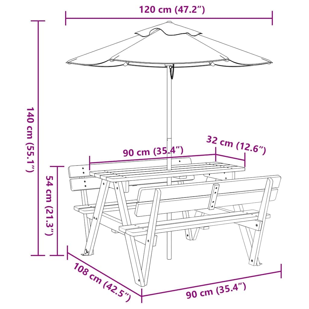 Tavolo da picnic per bambini con ombrellone in legno di abete massiccio, 4 posti, per giardino, terrazza, balcone e esterni, a forma di W, per picnic, barbecue e feste