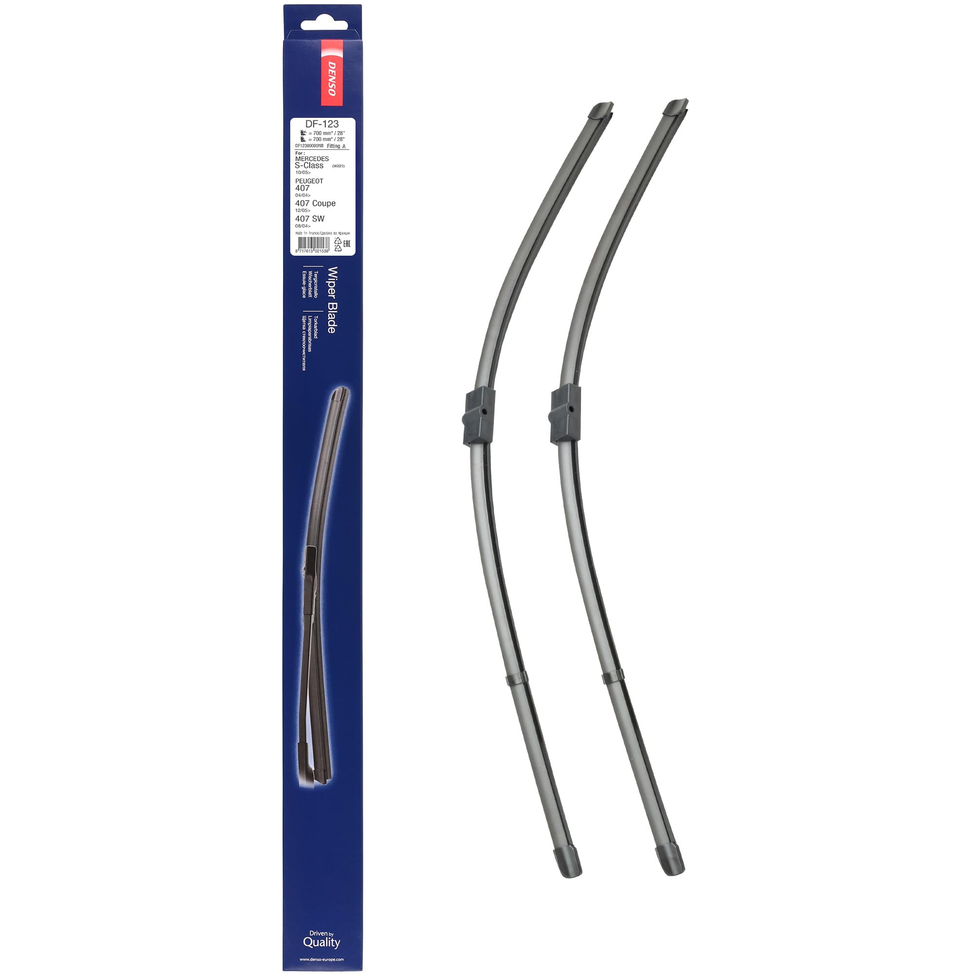 Kit de Escobillas Limpiaparabrisas Planas DENSO (DF-123), 2 Unidades 700/700mm – Silenciosas y Duraderas con Diseño Aerodinámico – Escobillas Limpiaparabrisas OEM