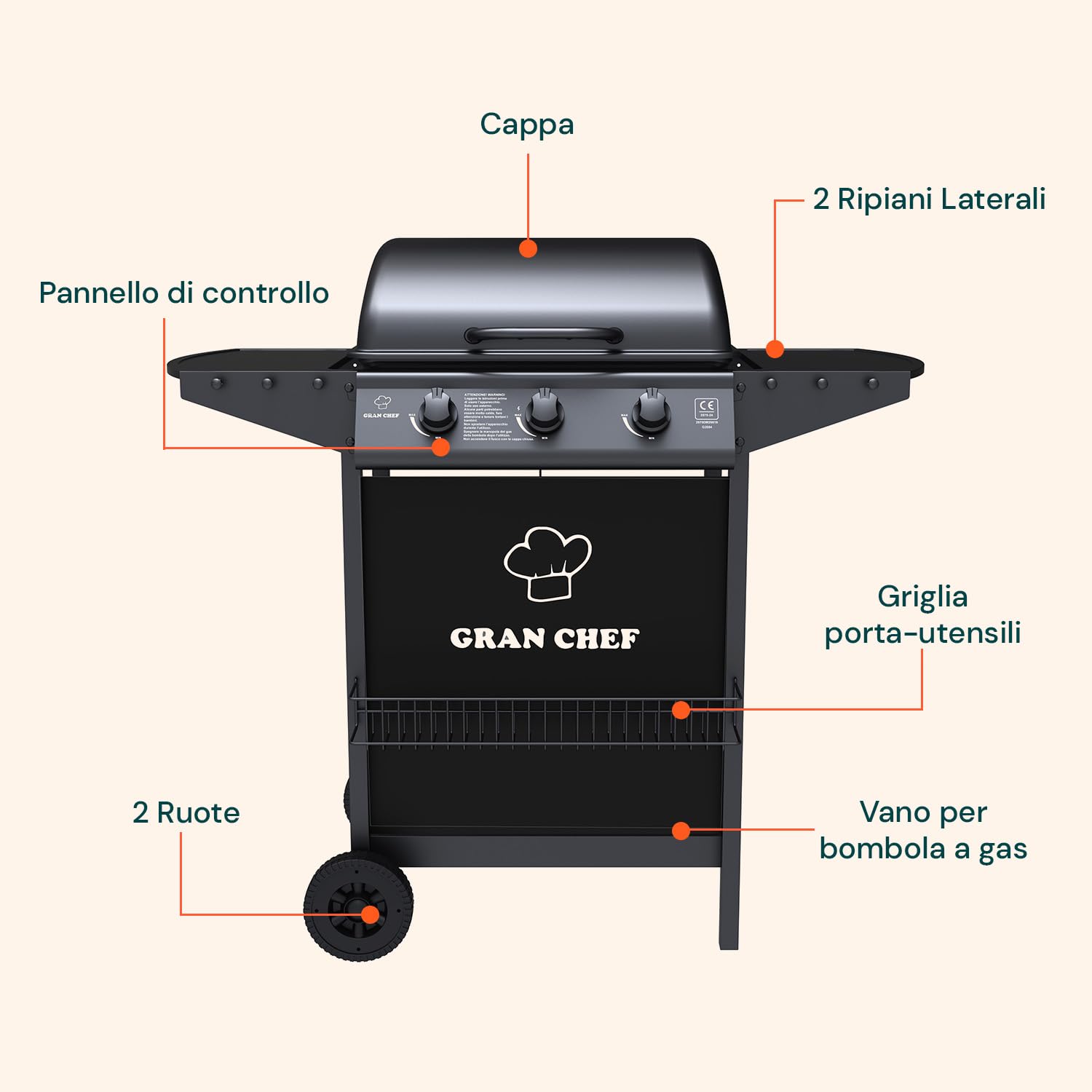 Avilia Barbecue a Gas 3 Fuochi Thomas – BBQ da Esterno in Acciaio Nero con Griglia Inox, Termometro, Cappa, Accensione Piezoelettrica e Ruote, Barbecue a Gas Esterno Compatto e Potente