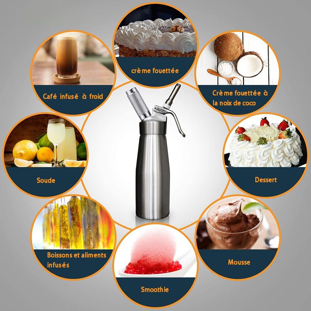 WYWY Siphon Chantilly,Pailles à crème en Acier Inoxydable 304 de 500 ML avec 3 Embouts de tuyauterie et 1 Pinceau, Dessert pour gâteau au café