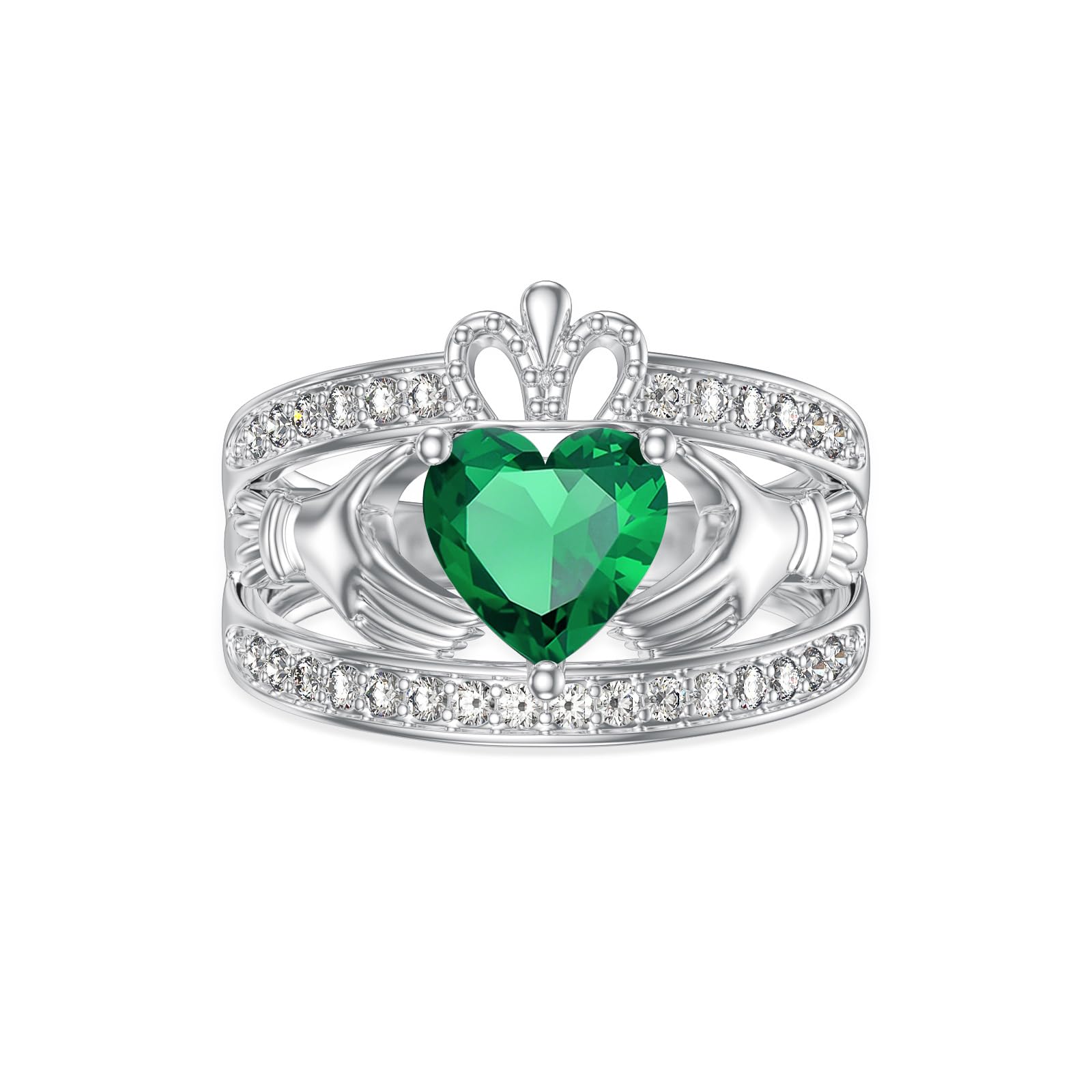 Claddagh Rings for Women 925 Sterling Silver Irish Claddagh Engagement Anniversary Wedding Promise Ring with Birthstone/Moissanite/Moss Agate/Sandstone/Opal/Black Rutilated Quartz Birthstone-Emerald-2 8.5