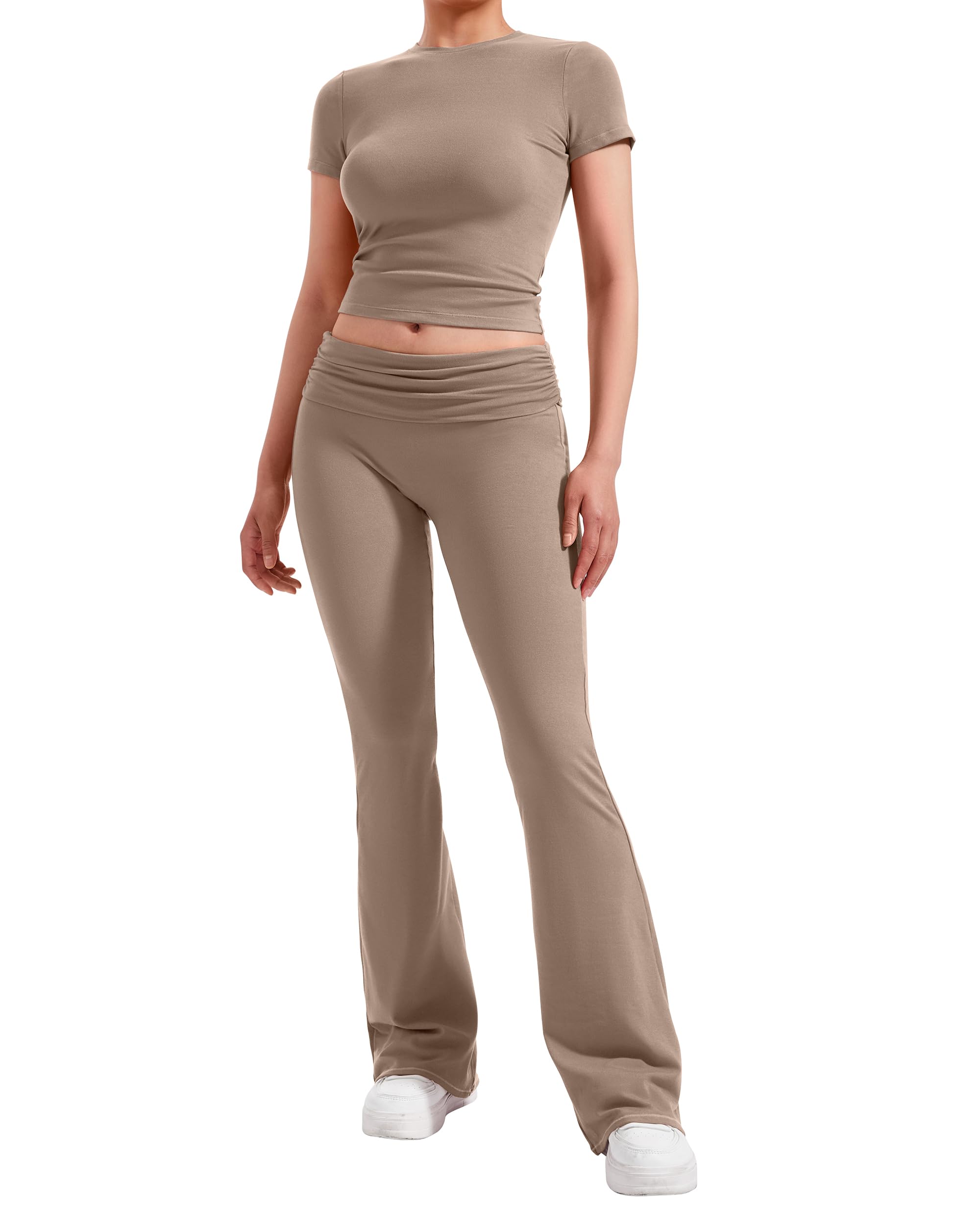 RXRXCOCO Women's 2 Piece Lounge Sets Y2K Crop Tops Fold Over Flare Pants Casual Outfits Matching Sets