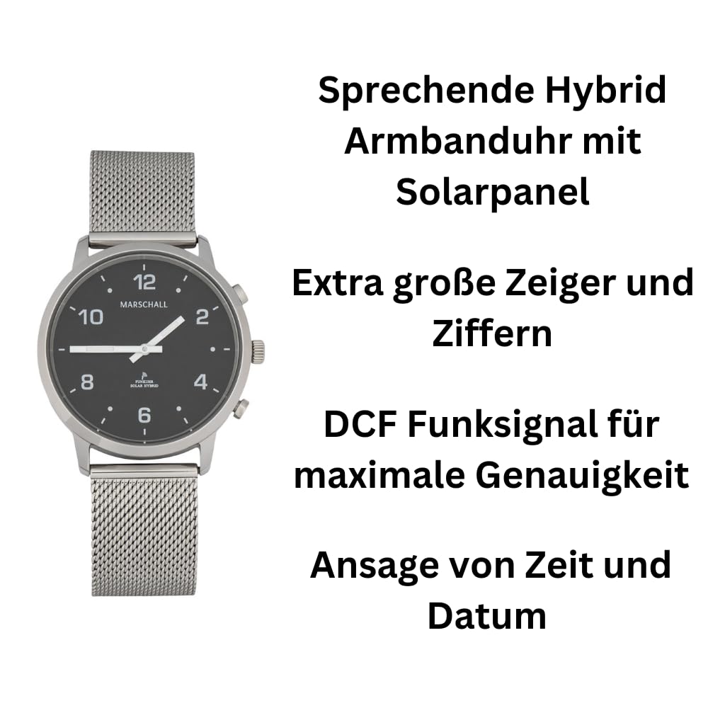 Marschall Deutsch sprechende Unisex Funk-Armbanduhr I Mit Solarpanel I 1150S I Für Blinde, Senioren und Demenzkranke I Datum- und Zeitansage I Schwarzes Zifferblatt und Milanaise Armband
