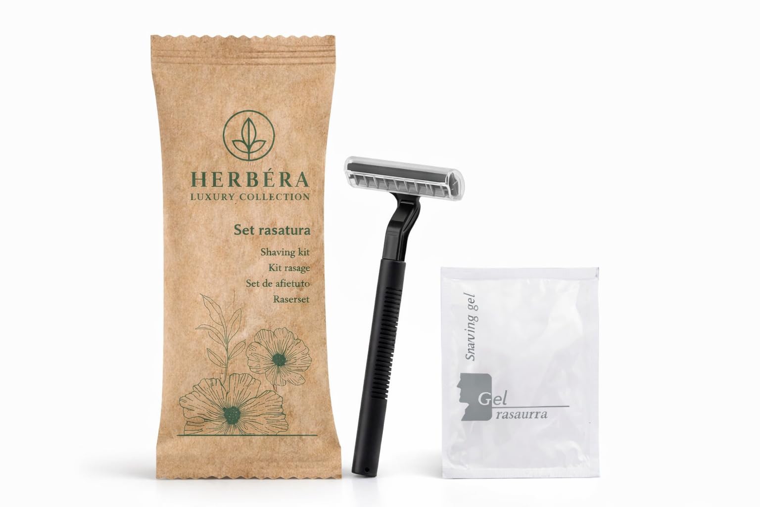 Set Rasatura kit barba con rasoio e gel conf. 50 pz HERBERA Luxury monouso e monodose linea cortesia hotel in confezione carta Bio riciclabile