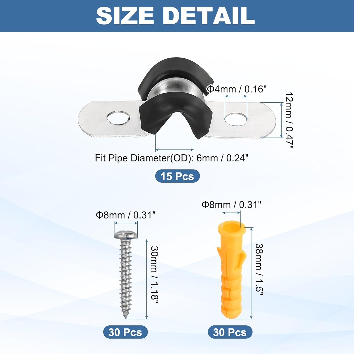 uxcell 15 Pcs Pipe Strap Clamp, 6mm(0.24") Rubber Cable Clamp Rubber Cushioned 304 Stainless Steel U Bracket Tube Holder Support with Screws for Water Pipe HVAC Cable Management