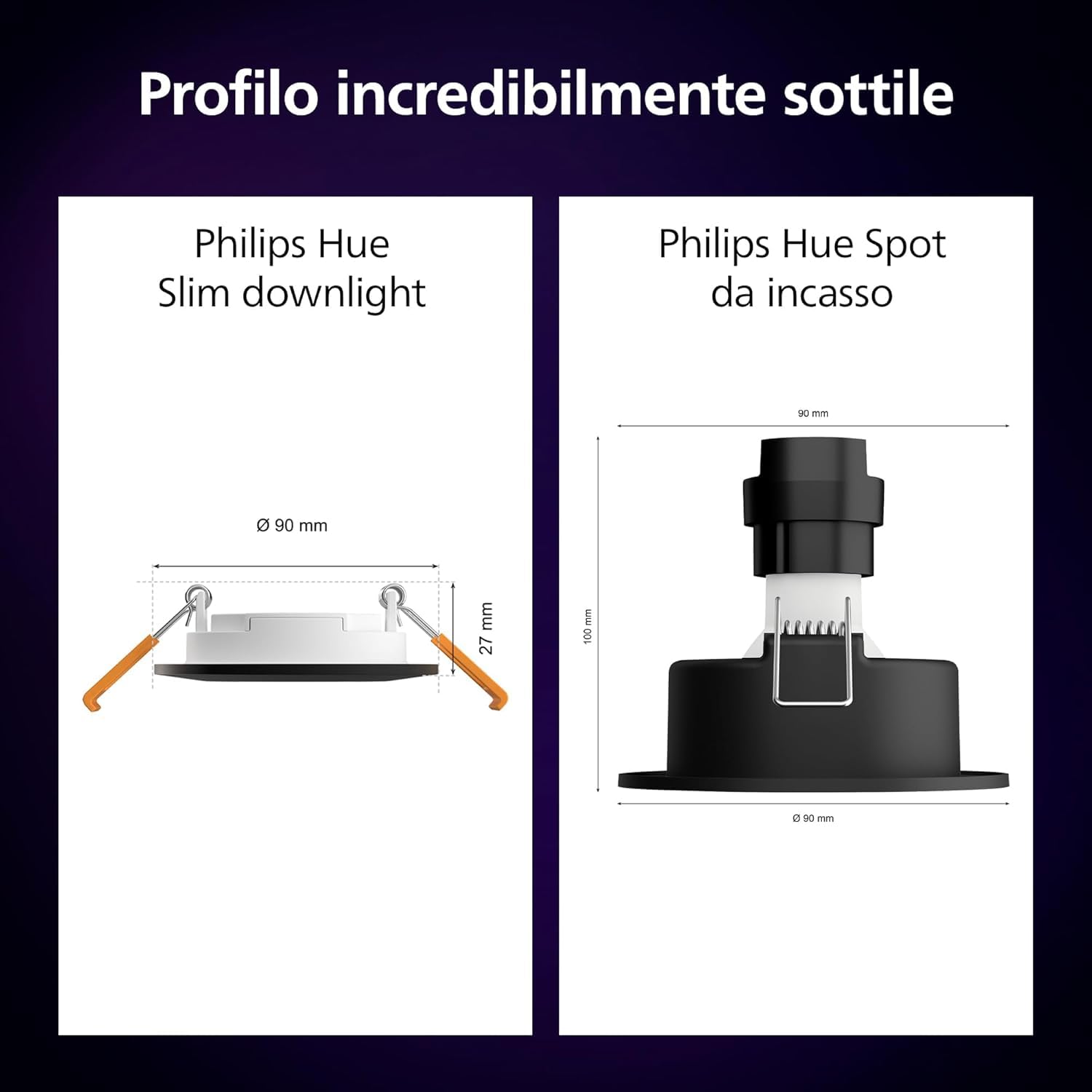 Philips Hue Smart Slim White and Color Ambiance, Luce da incasso, 90 mm, 700 lm, Compatibile con Bluetooth, controllo vocale con Alexa, Apple Home e Google Assistant, bianco, confezione da 3