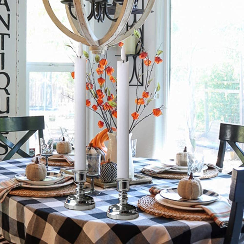 GenSwin Window Flameless Taper Candles with Remote & Timer, Real Wax Battery Operated Flickering LED Candles with Removable Silver Candle Holders for Wedding/Party/Birthday Decor(Pack of 6, White)