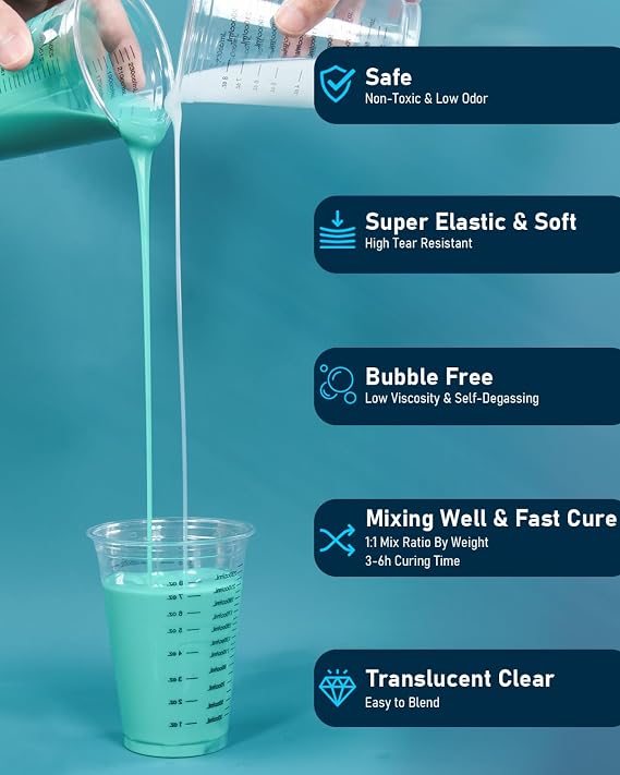 Nicpro 74oz Silicone Mold Making Kit, 20A Platinum Liquid Silicone Rubber, Jade Green Flexible, Molds Maker Mix Ratio 1:1 for Casting 3D Resins Molds DIY with Molds Housing, Mixing Cups