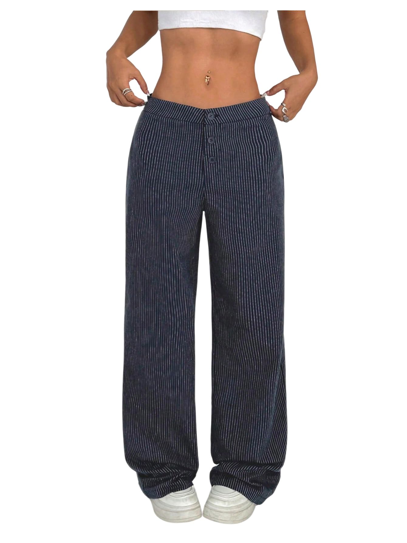 MakeMeChic Womens Striped Wide Leg Dressy Pants Low Waist Button Business Trousers