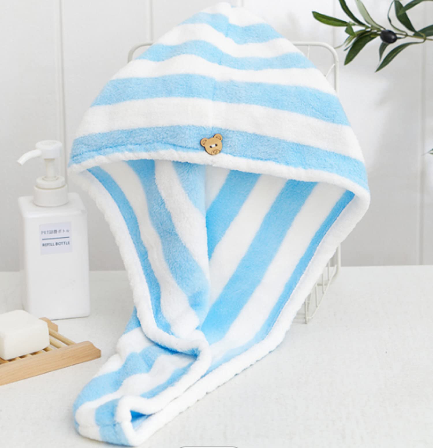 Khillayox Microfiber Women's Stripes Pattern Hair Towel Wrap 400 GSM, Absorbent Towel Hair-Drying Bathrobe Magic Hair Warp Towel Super Quick Hair Drying Cap Towel - (Set of 1_ SkyBlue)