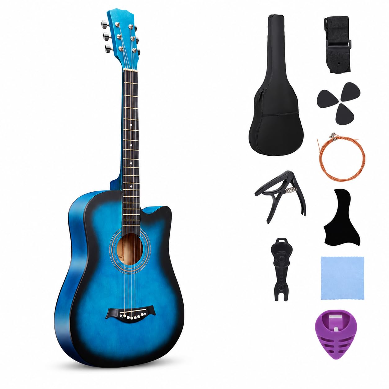 Acustica per Principianti, Kit Completo con 18 Tasti, Strumento Musicale in Legno, Chitarra acustica 38 pollici, colore blu sfumato, con accessori