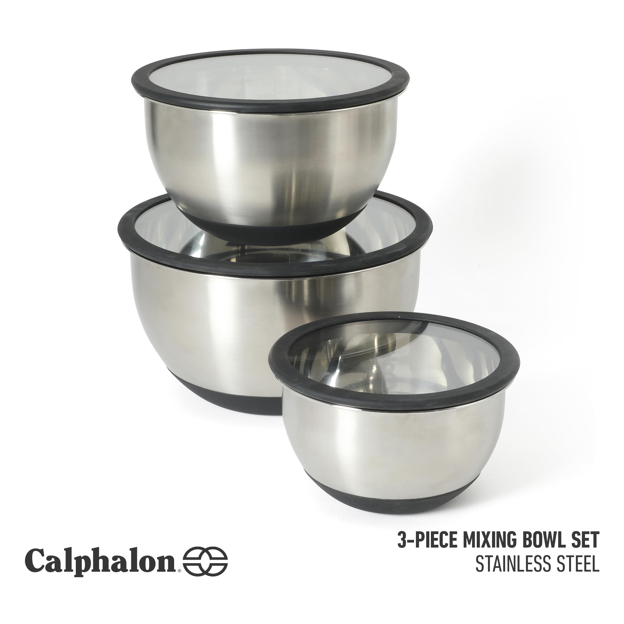 Calphalon Orbit Rührschüssel-Set mit Glasdeckel und rutschfestem Silikonboden, 3-teilig