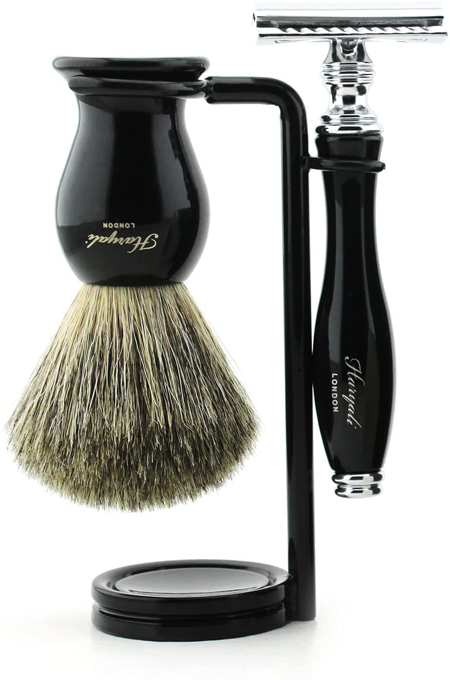 Haryali London - Set di 5 pennelli da barba, pennello da barba, rasoio, sapone da barba, ciotola da barba, set di 5 pennelli da barba, pennello da barba, capelli veri, set di rasoio, nero