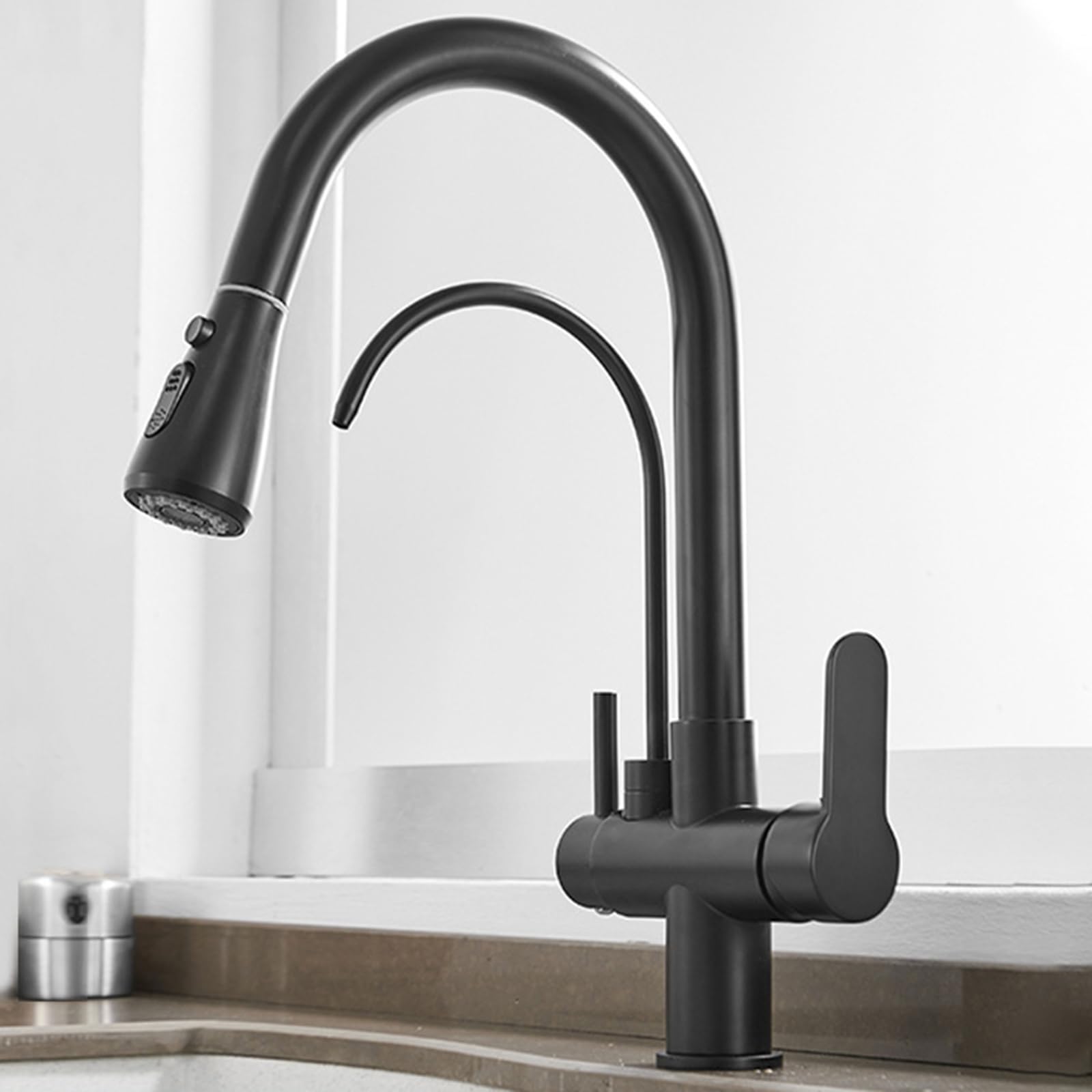 ZYCHSJXA 3 Way Kitchen Tap with Pull Out Sprayer Black Gooseneck Mixer Taps Spray Drinking Water Faucet