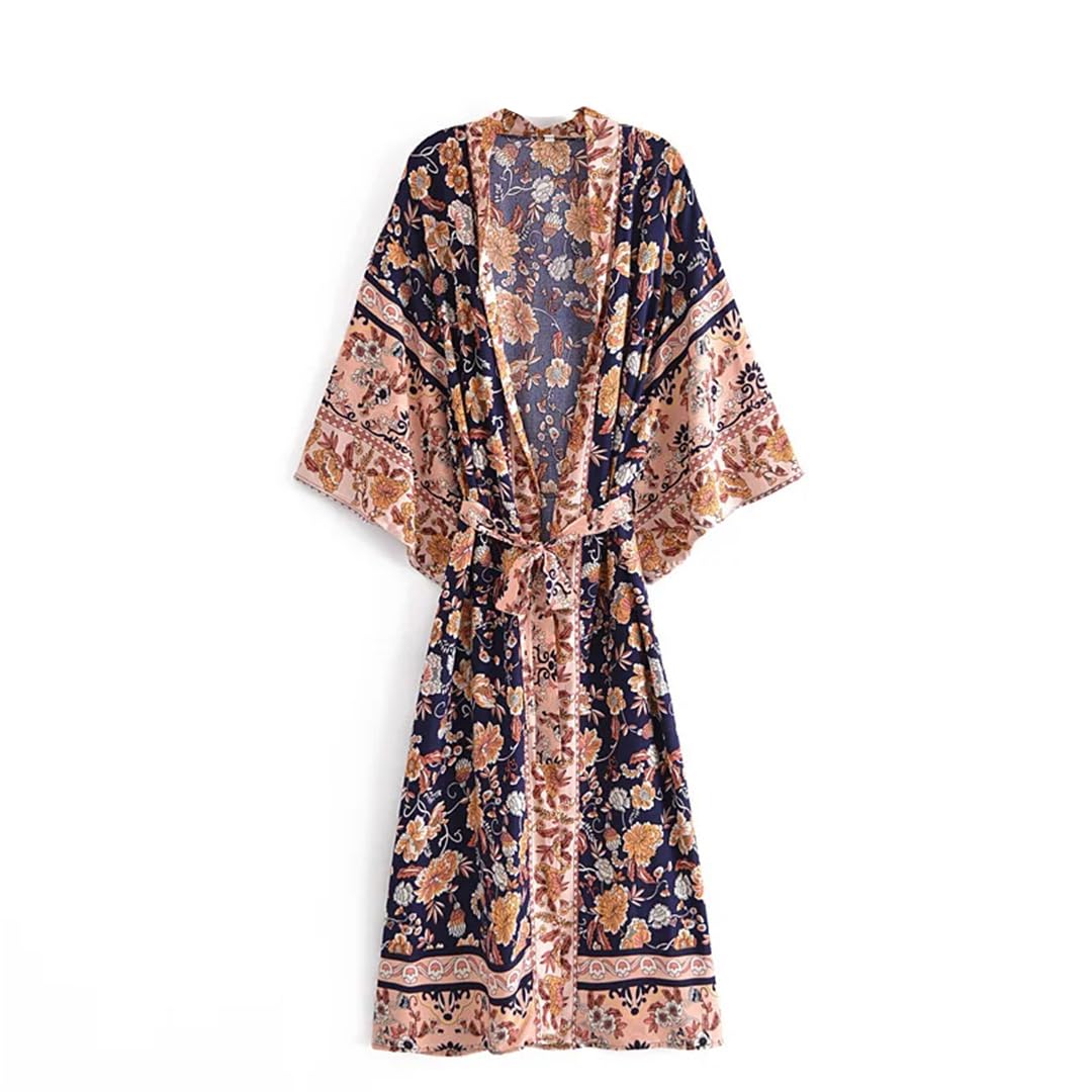 Abito bohémien con stampa floreale e maniche a pipistrello, kimono da donna, scollo a V, abito estivo per bikini