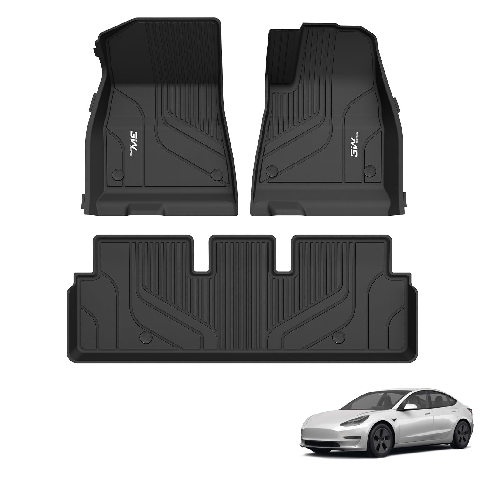 3W Floor Mats Fit for Tesla Model 3 2019-2023, TPE Dog Friendly Floor Liner, Custom Fit Tesla Model 3 Car Mats, All Weather Waterproof Non Slip Easy to Install Model 3 Accessories (3 PCS)