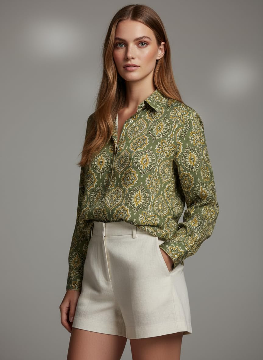 ANNI Designer Bedrucktes Damenhemd aus Baumwollmischgewebe, langärmelig, normale Passform, Hemdkragen, legere Bürokleidung, elegante Western-Kleidung für den Alltag, Hochzeit, Party