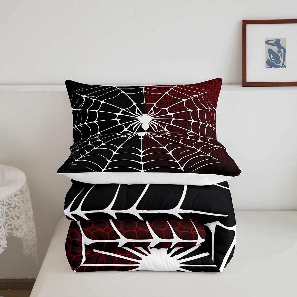 Spider Web Comforter Set Full Size, Black and Red Halloween Bedding Set 3pcs, White Spider Arachnid Insect Animal Down Comforter for All Season, Kids Boys Teens Room Decor, 2 Pillowcases, No Sheets - Image 8