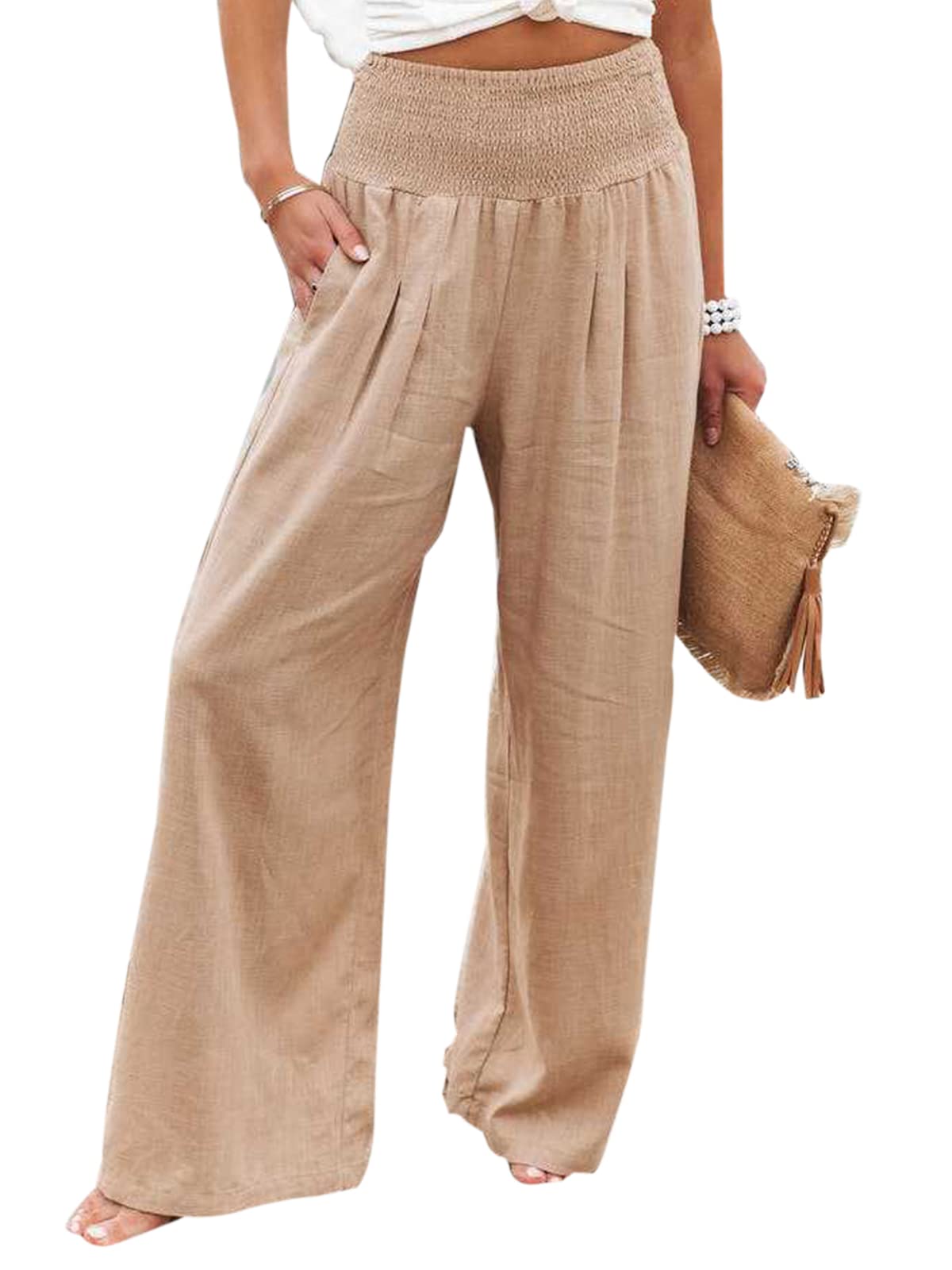 RAMOUG Women's Linen Pocketed Smocked High Waist Wide Leg Pajama Lounge Palazzo Pants