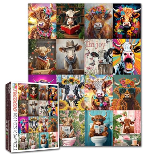 Puzzle Animaux de la Ferme 1000 Pièces pour Adultes Peinture Vache Noir et Blanc Mignon Bœuf avec Fleurs Jeu Animaux Sauvages Décoration Murale Bricolage...