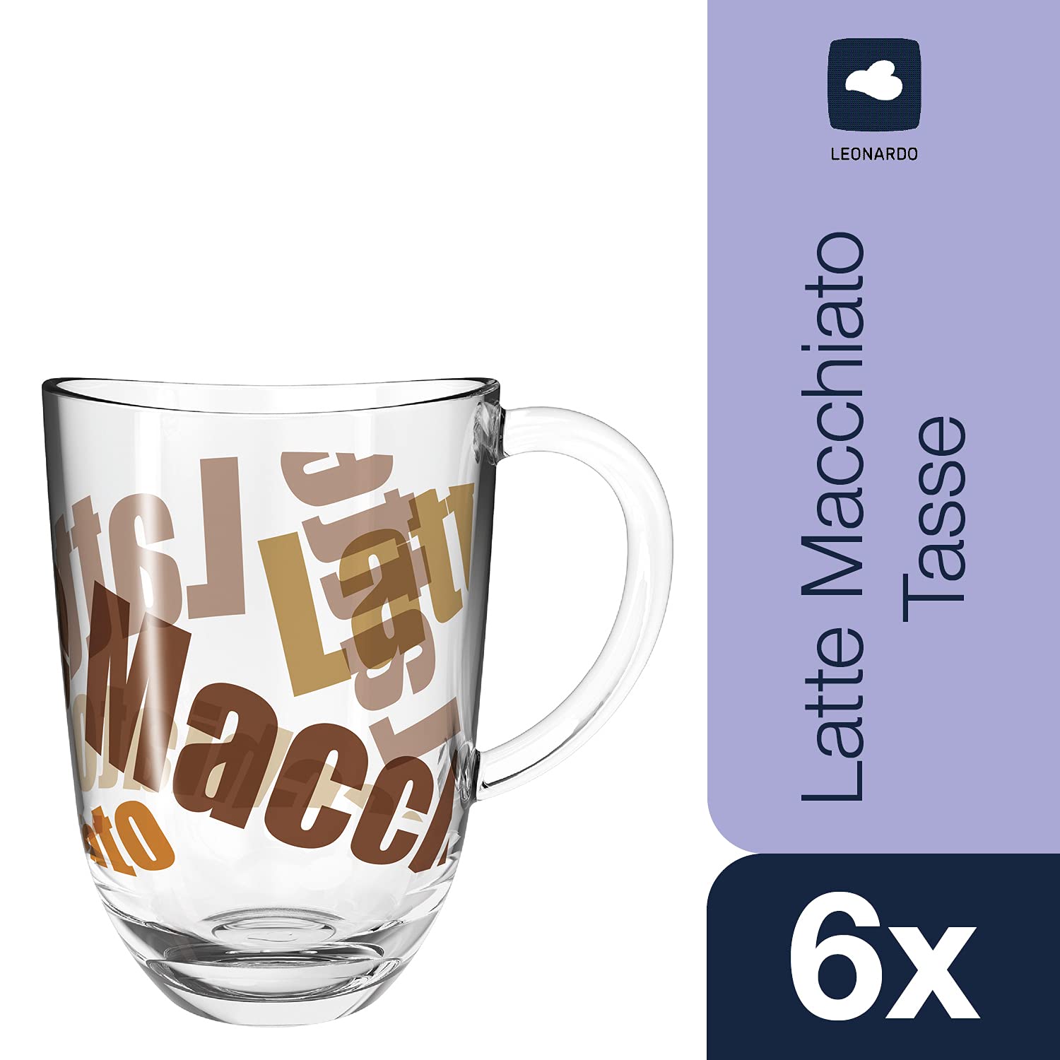 Leonardo Napoli Latte Macchiato-Tassen 6er Set, spülmaschinengeeignete Kaffee-Becher mit Motiv, Glas-Tasse mit Henkel, mikrowellenfest, 380 ml 024236