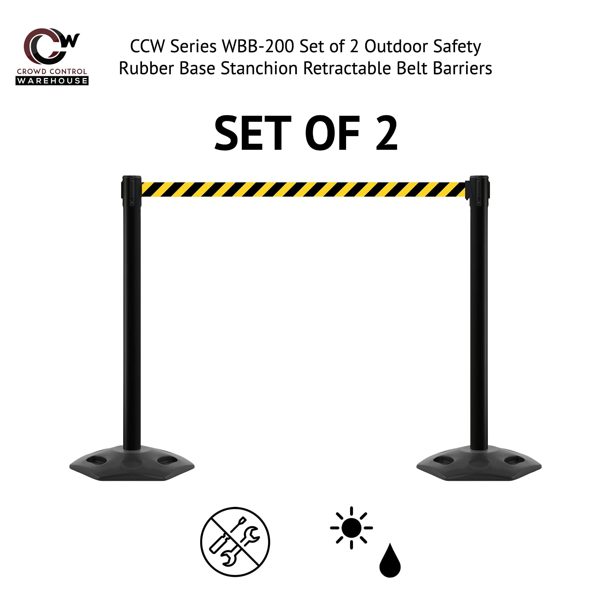 Crowd Control Warehouse CCW Series WBB-200 - Set of 2 Stanchion Retractable Belt Barriers - 11 Foot, Green Belt with Black Post - Easy Assembly