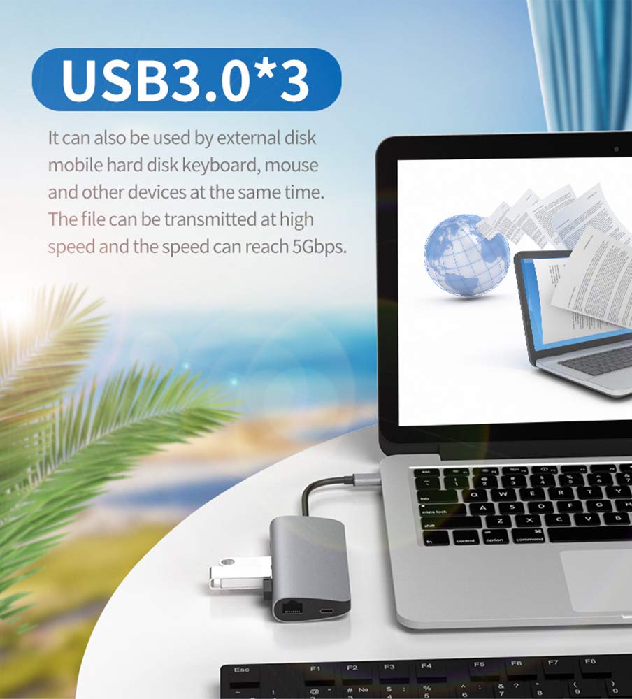 Hub USB C, adapter 8 w 1, z USB-C PD 3.0/HDMI/Ethernet/SD/TF czytnik kart / 3 USB 3.0, odpowiedni do Huawei Matebook iPad i innych