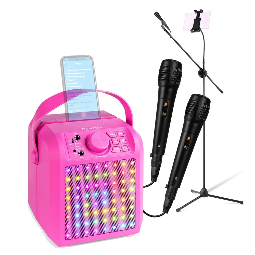 Fenton KAR50P Kids Karaoke Machine with 2 Microphones, Bluetooth Karaoke Speaker, RGB Lights, Tablet Mount, 50W Rechargeable, Adjustable Mic Stand – Pink