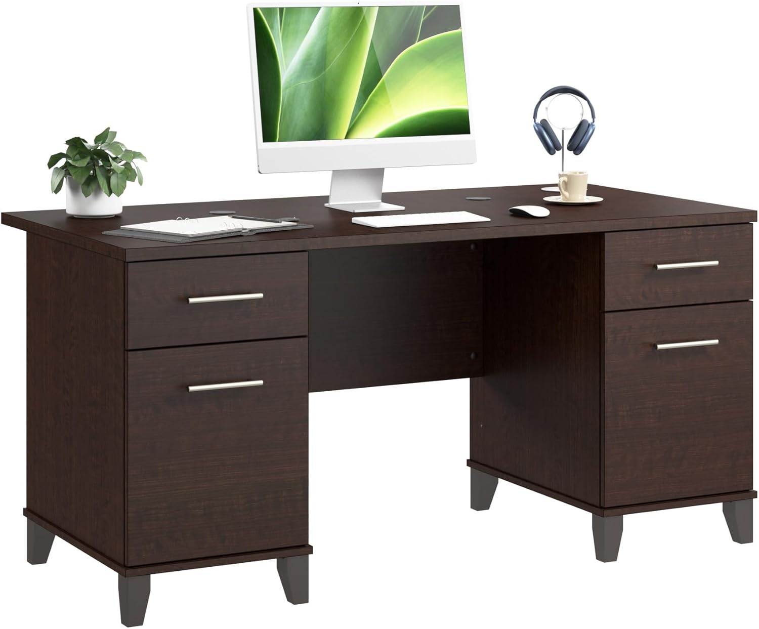 Bush Home 60-Inch Office Desk with Drawers, Computer Desk with File and Box Drawers, Home Office Workstation with Storage Cabinet, Writing Desk Furniture, Somerset Collection, Mocha Cherry