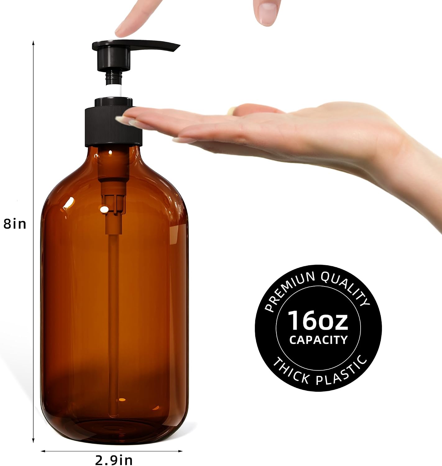 2PCS Amber Dish Soap Dispenser for Kitchen (16 Oz), Brown Hand Soap Dispenser for Bathroom, Plastic Soap and Liquid Dispenser Set with Rust Proof Pump, Refillable Soap Pump Bottles, Waterproof Labels